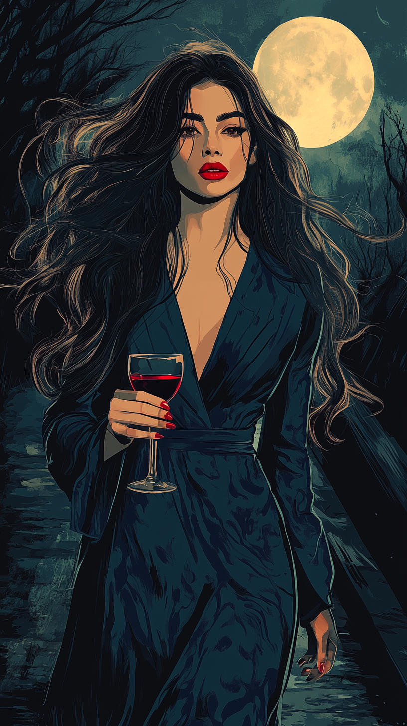 Beautiful woman in blue dress with wine, moon background.