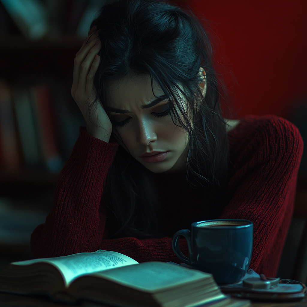 Beautiful woman in despair at desk with open book.