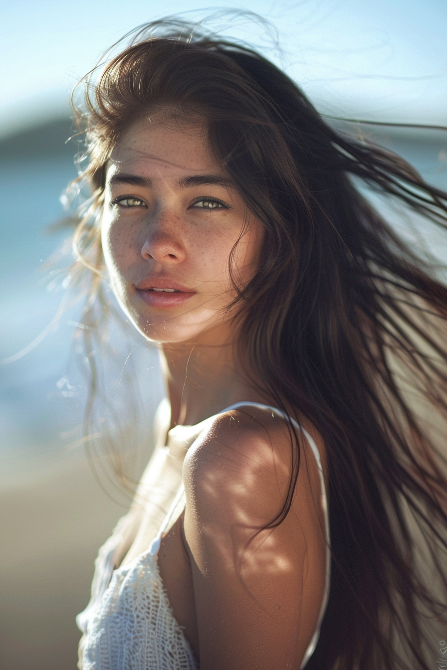 Beautiful woman in white dress on sunny beach