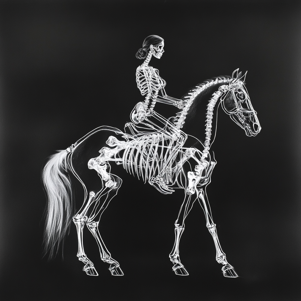 Beautiful woman on glowing horse skeleton