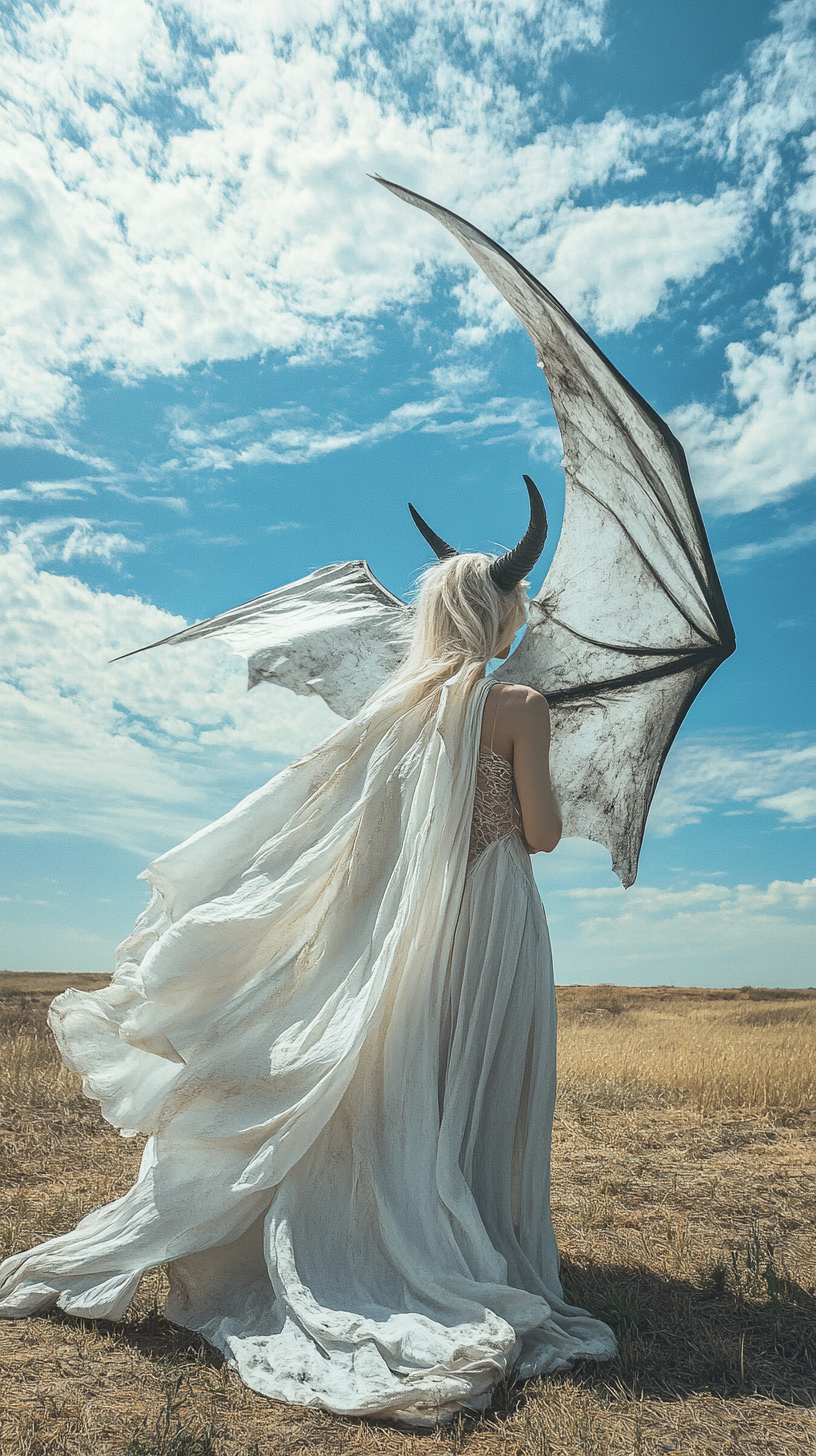 Beautiful woman with bat wings and horn stands in field.