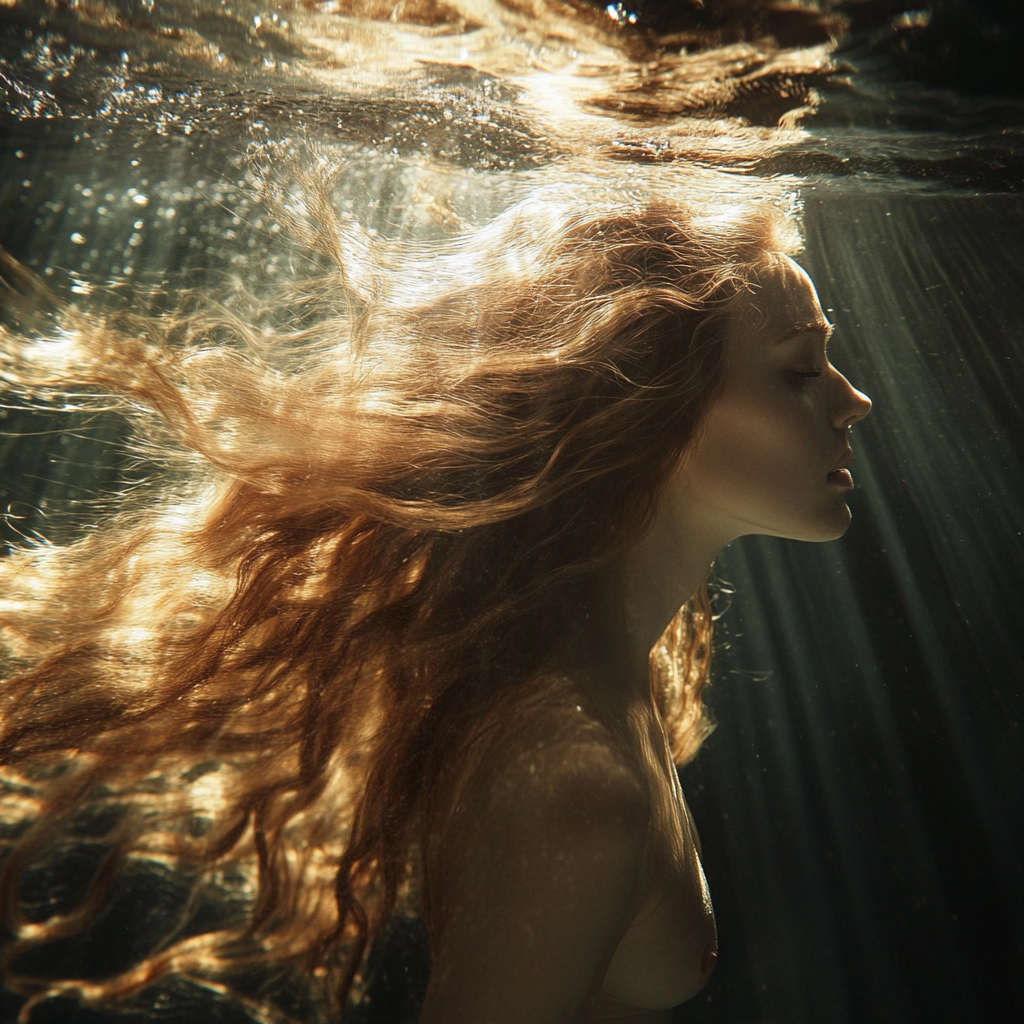 Beautiful woman with blond hair underwater in sunlight shafts.