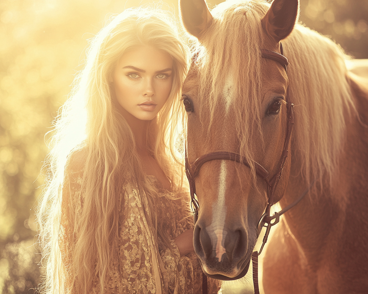 Beautiful woman with blonde hair and brown horse photo.