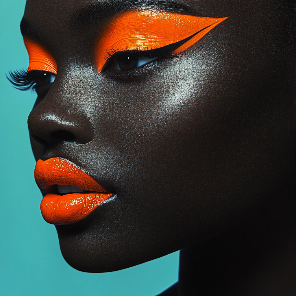 Beautiful woman with bold orange makeup in profile.