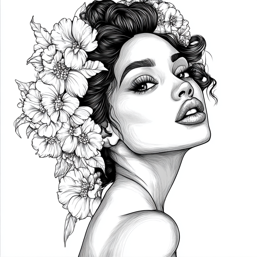 Beautiful woman with flowers in hair, black and white.