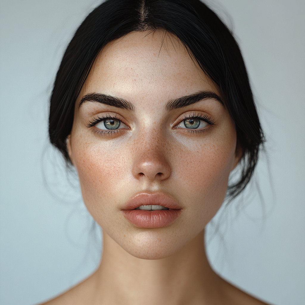 Beautiful woman with natural lips, hydrated skin, black hair.