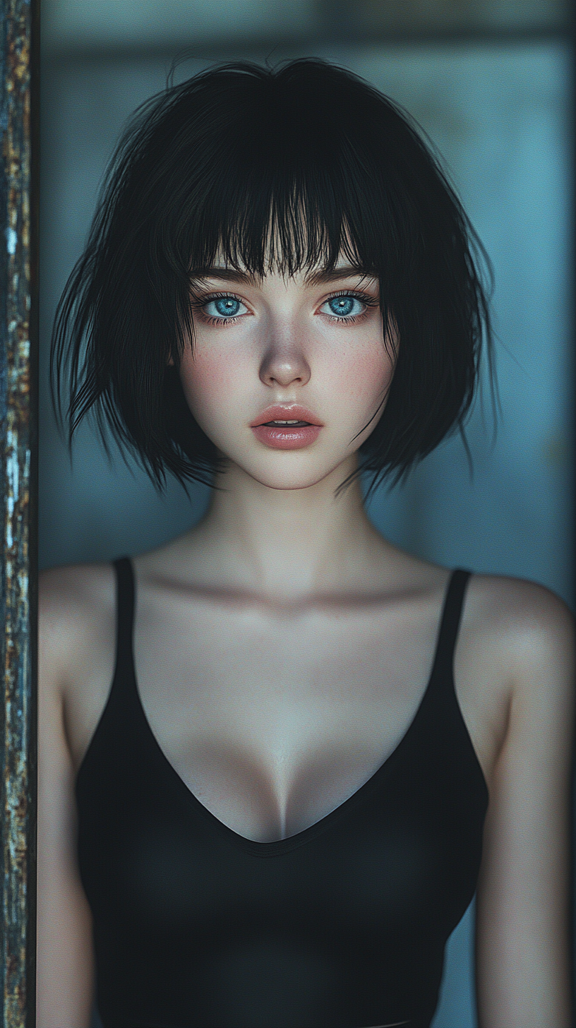 Beautiful woman with short black hair and blue eyes.