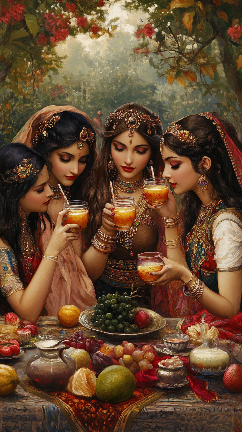 Beautiful women drinking soursop juice in ancient Persian painting.