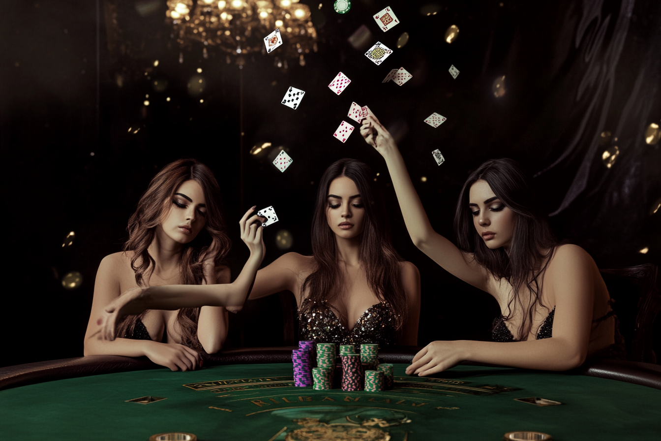 Beautiful women posed around a poker table. Holly Randall style, true photography, intricate, cinematic.