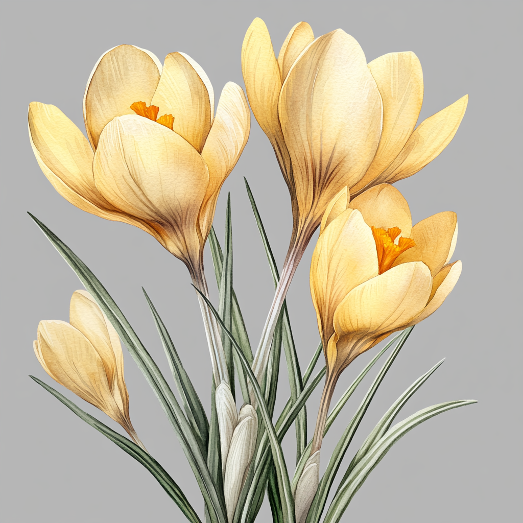 Beautiful yellow crocus flowers in detailed watercolor