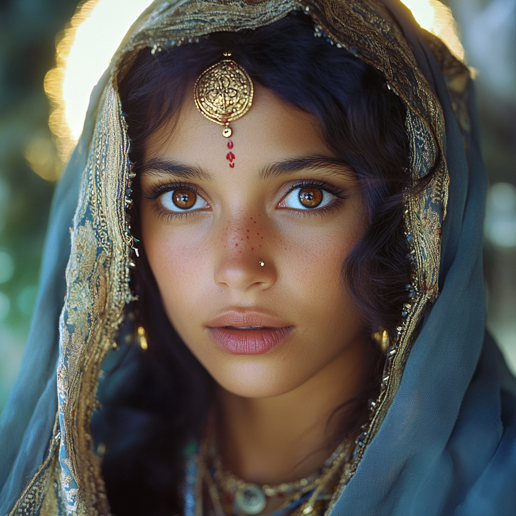 Beautiful young Mary in tribal dress with jewelry