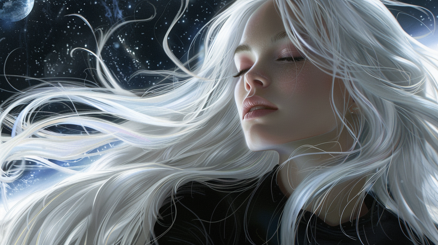 Beautiful young woman with long white hair in space.