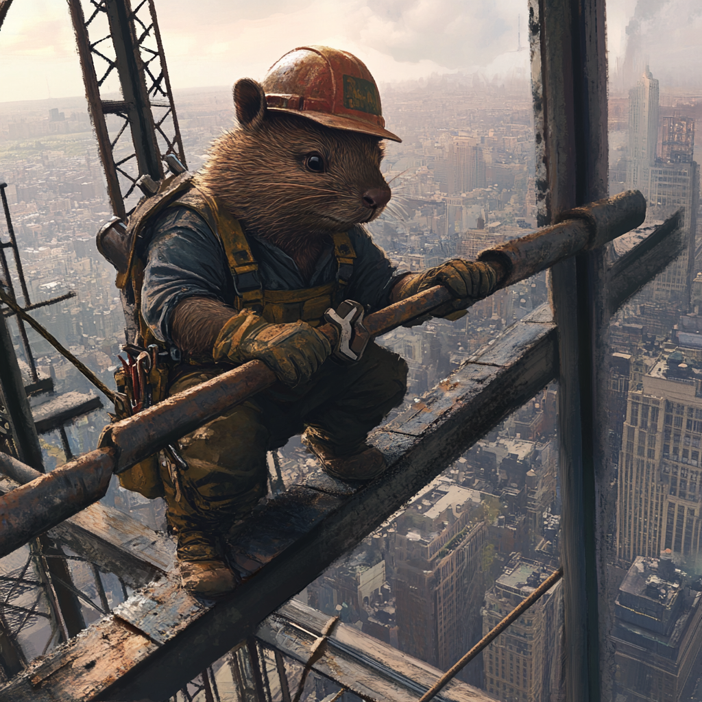 Beaver construction worker atop tall city scaffolding