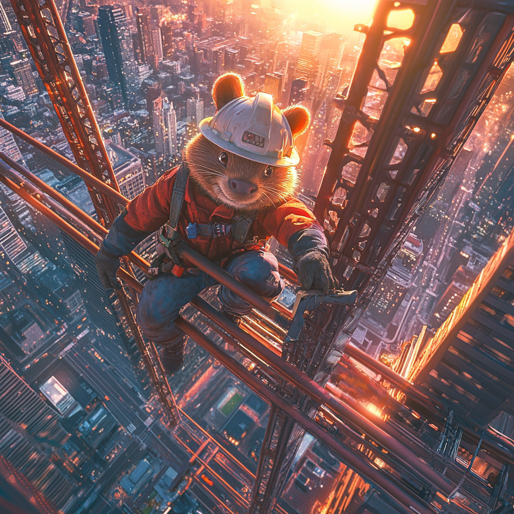 Beaver construction worker high above city with wrench