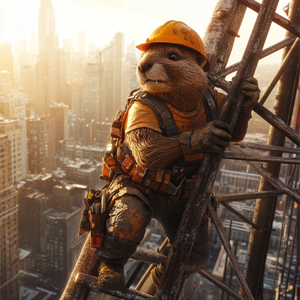 Beaver construction worker on city's tall scaffolding