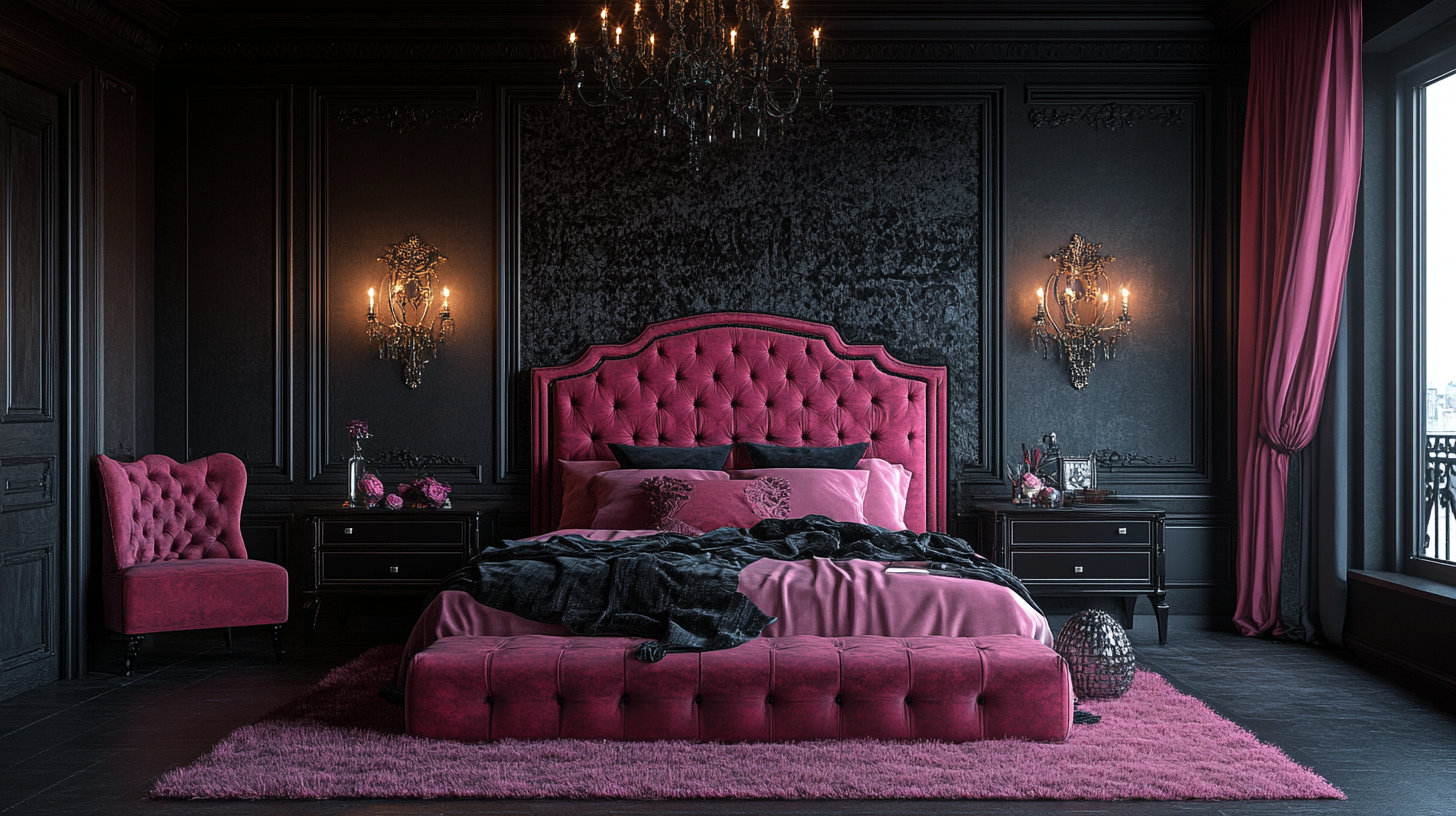 Bedroom Textural Contrast in Pink and Black Theme