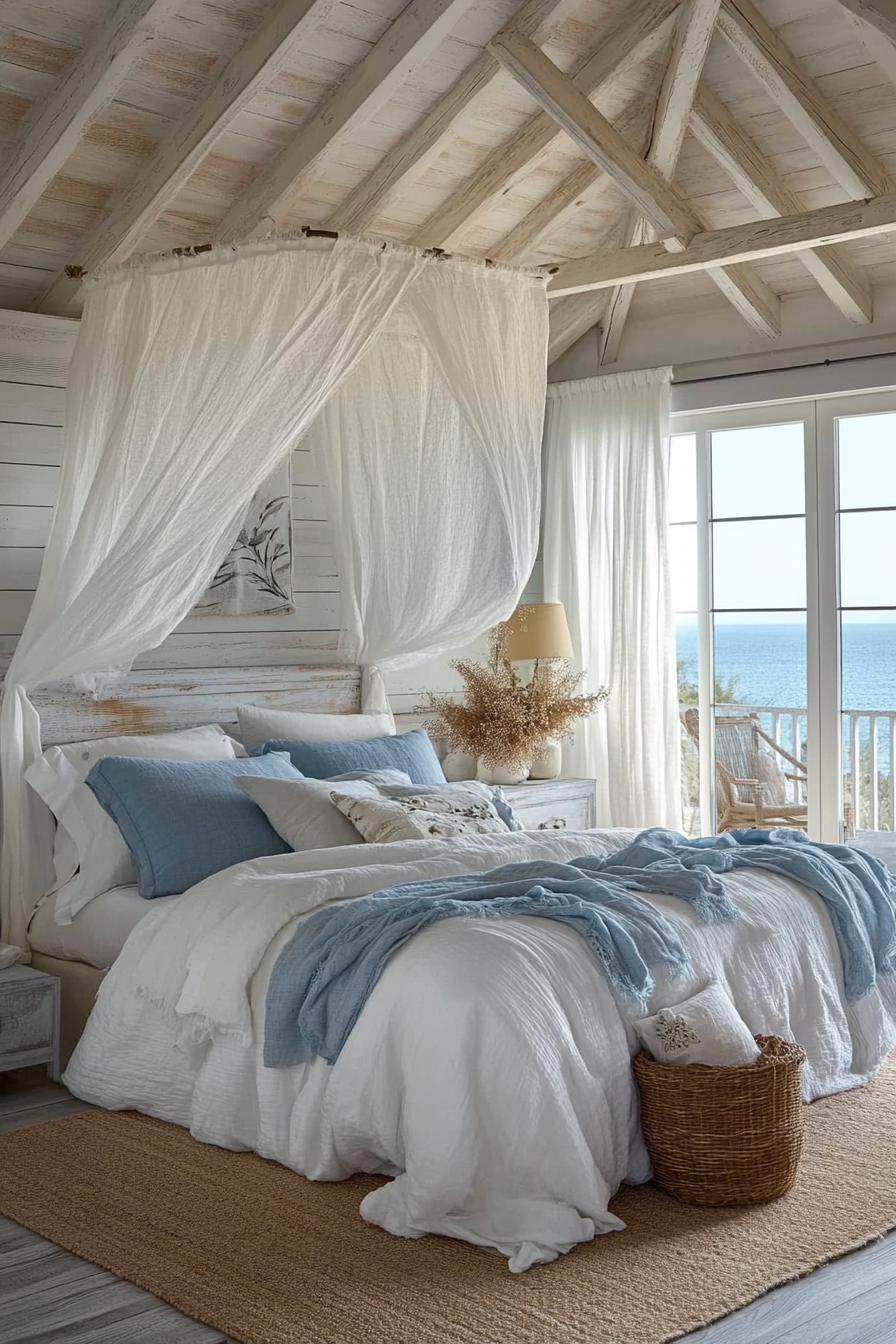 Bedroom with Mediterranean coastal chic decor, serene and inviting.