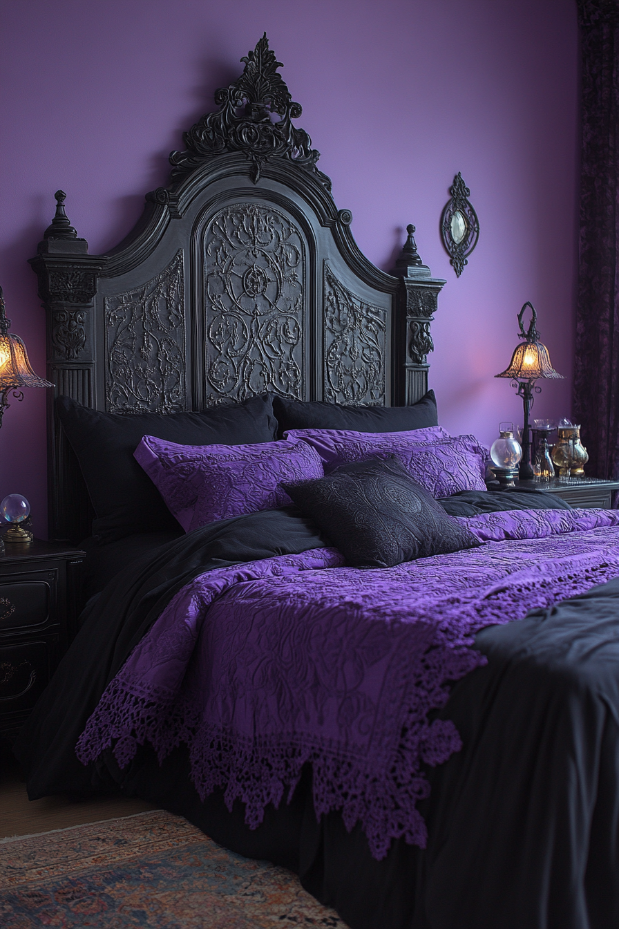 Bedroom with deep purples, gothic arch bed, crystal balls.