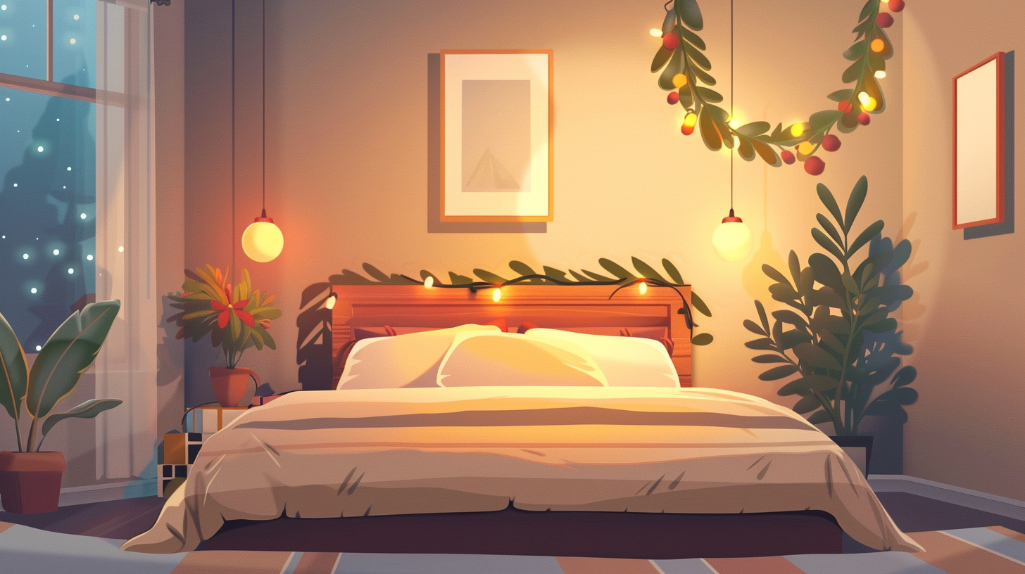 Bedroom with minimal cartoon style and Christmas decorations.