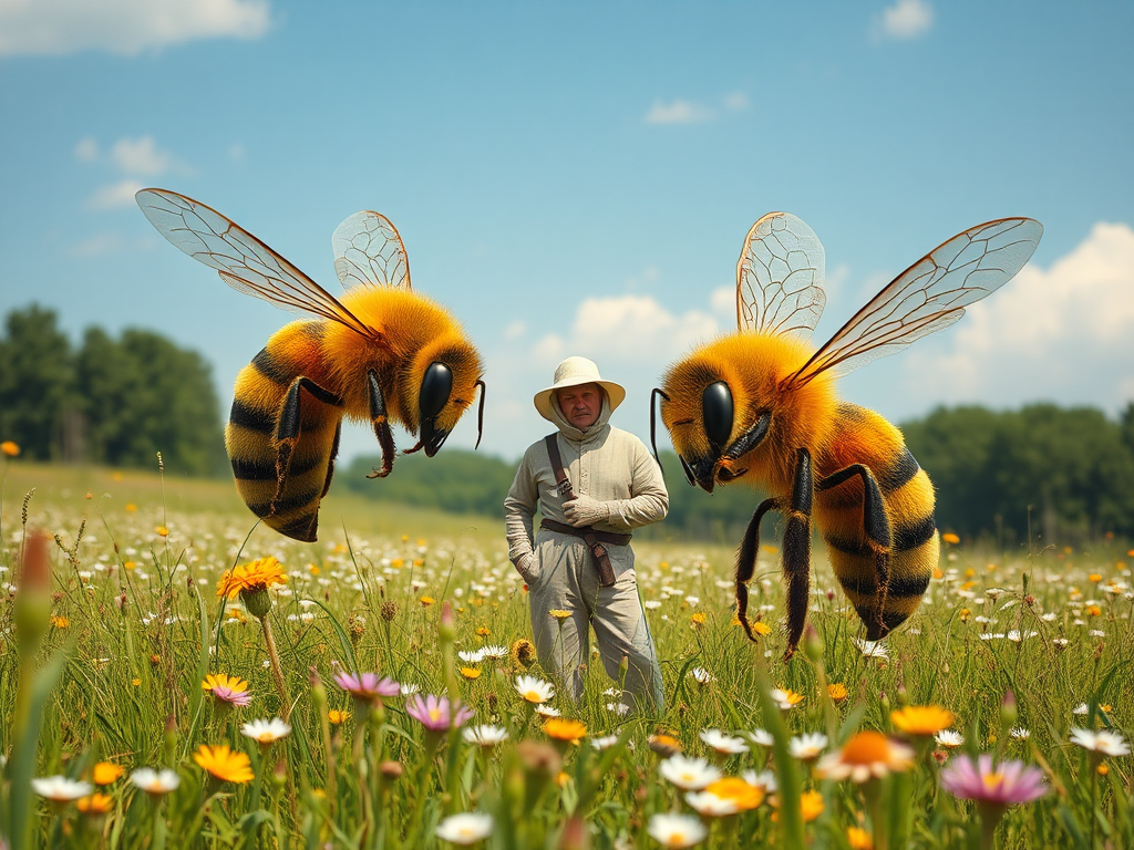 Bees and Beekeeper in Flower Meadow