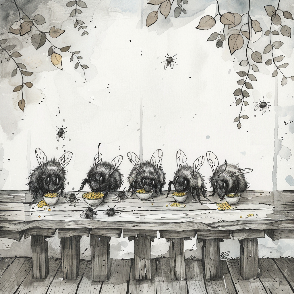 Bees having feast on wooden table with leaves.