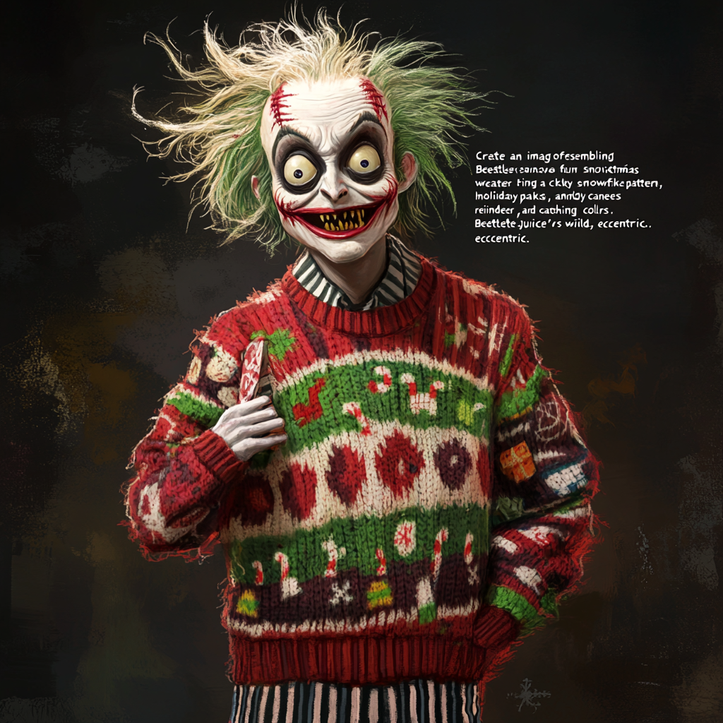 Beetlejuice in colorful Christmas sweater, mischievous expression