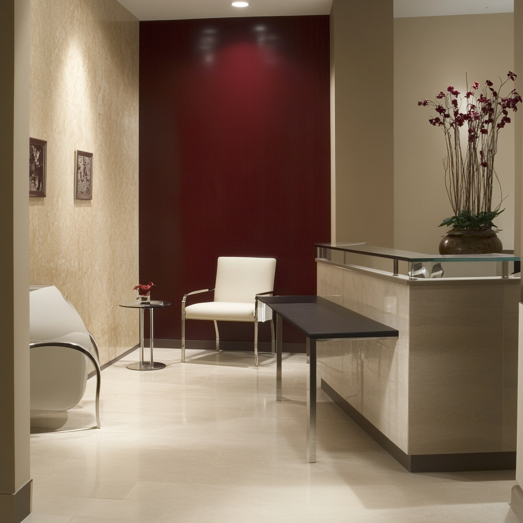 Beige Greyish Clinic with Dark Red Accents and Wood