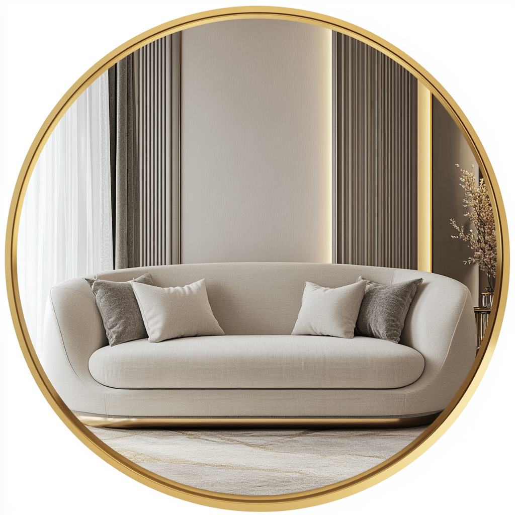 Beige sofa in modern bedroom with circular frame.