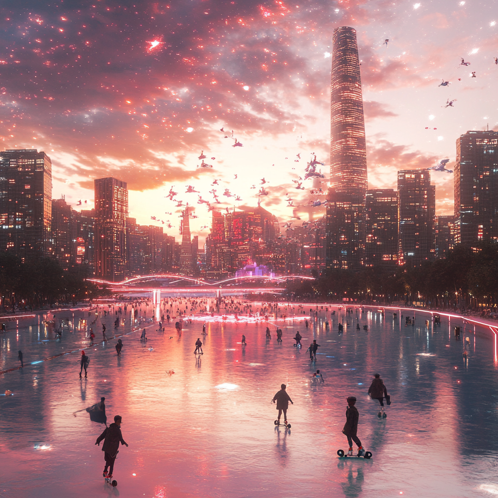 Beijing 7000s Future City: 3D Rendering, People, Skating Children