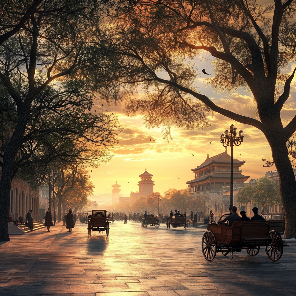 Beijing City 1900s 3D Render Tower Sunrise View