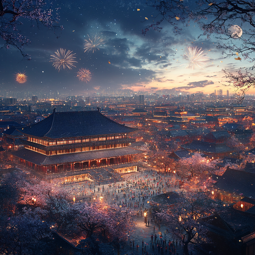 Beijing City View 3D Render with City Lights, Trees, Chinese People, Night Sky