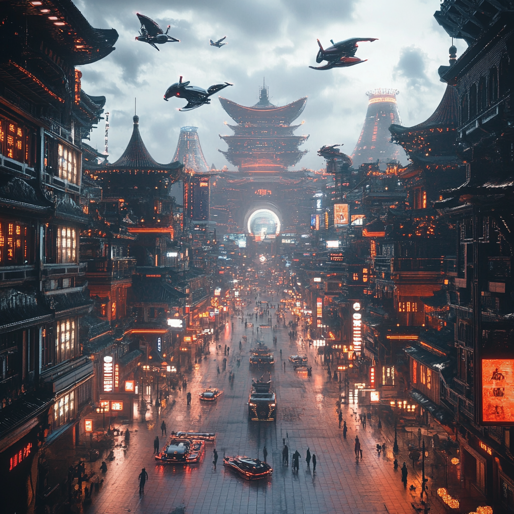 Beijing City in 7000s: Futuristic 3D Rendering with Flying People and Cars