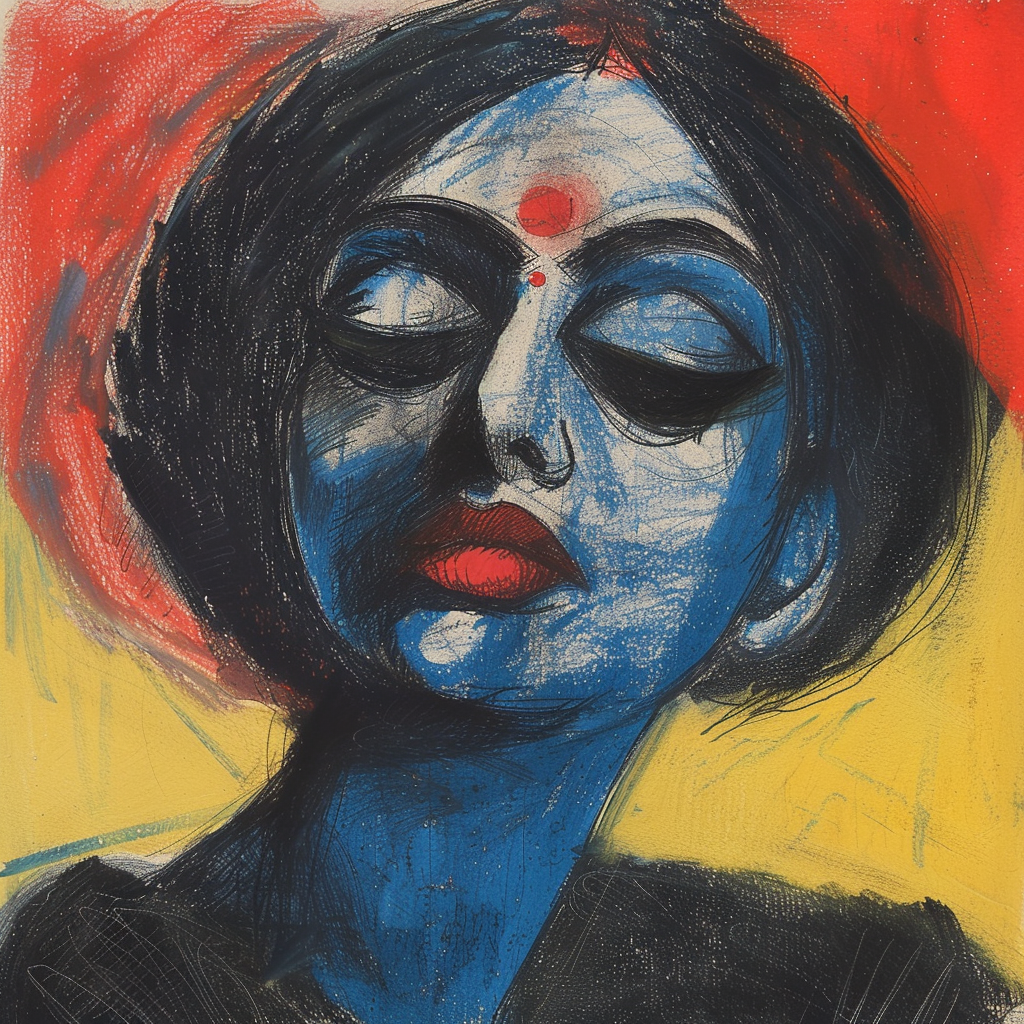 Bengali woman as blue skinned Goddess Kali sketch.