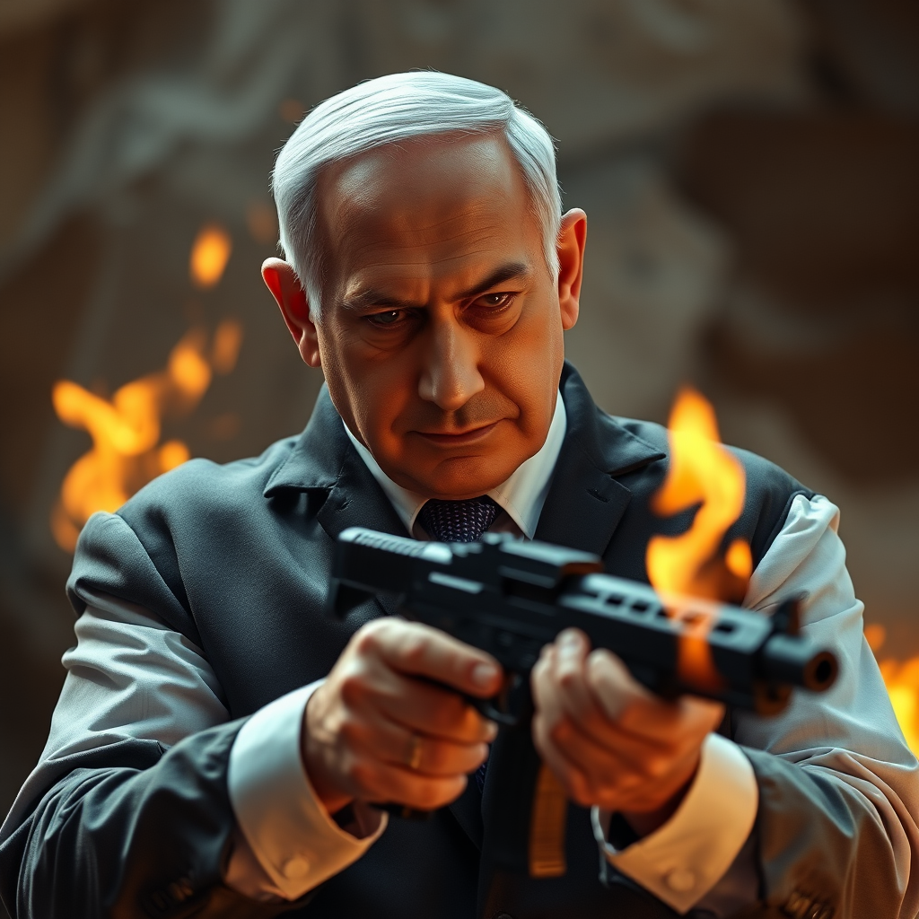 Benjamin Netanyahu holding gun near fiery background.