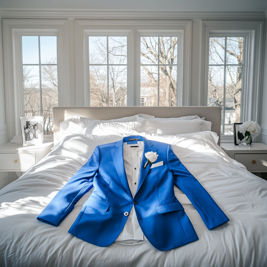 Bespoke bright blue men's suit on king size bed.