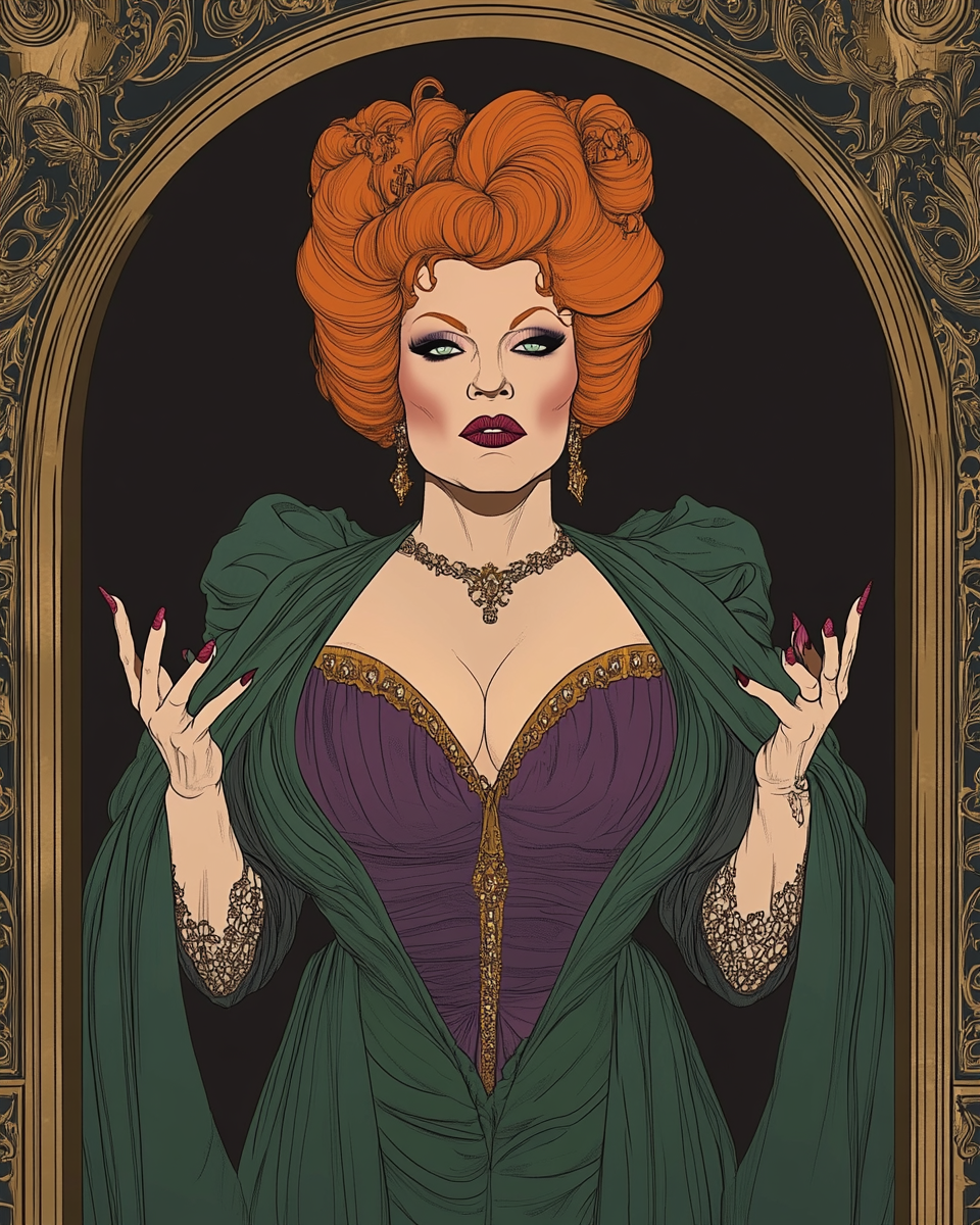 Bette Midler lookalike in Rococo style, spooky mansion.