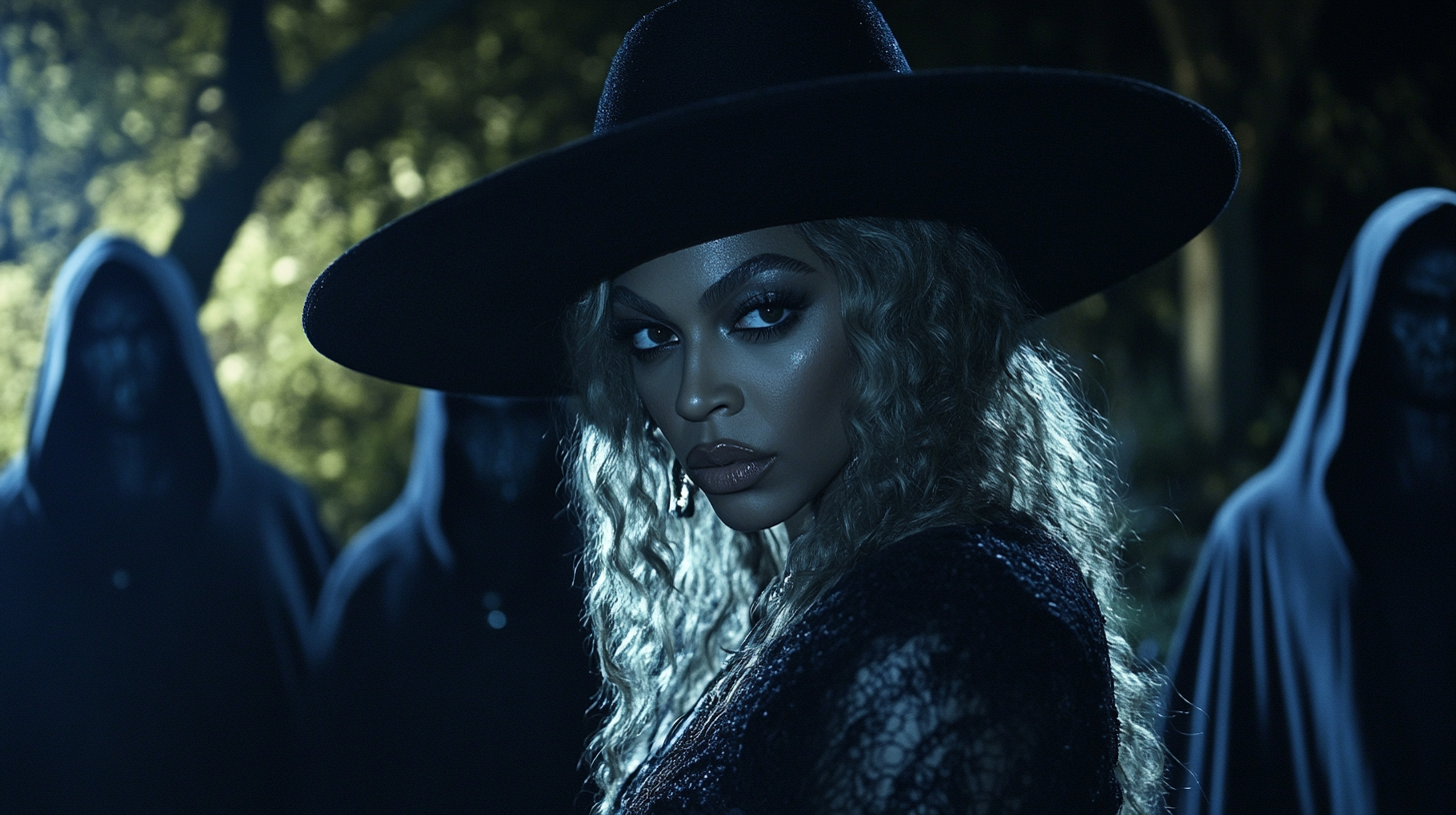 Beyoncé in hat and black outfit, snake eyes