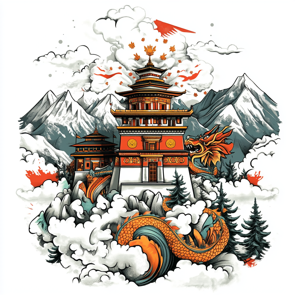 Bhutan Lucky Symbols T-shirt Design with Dragon