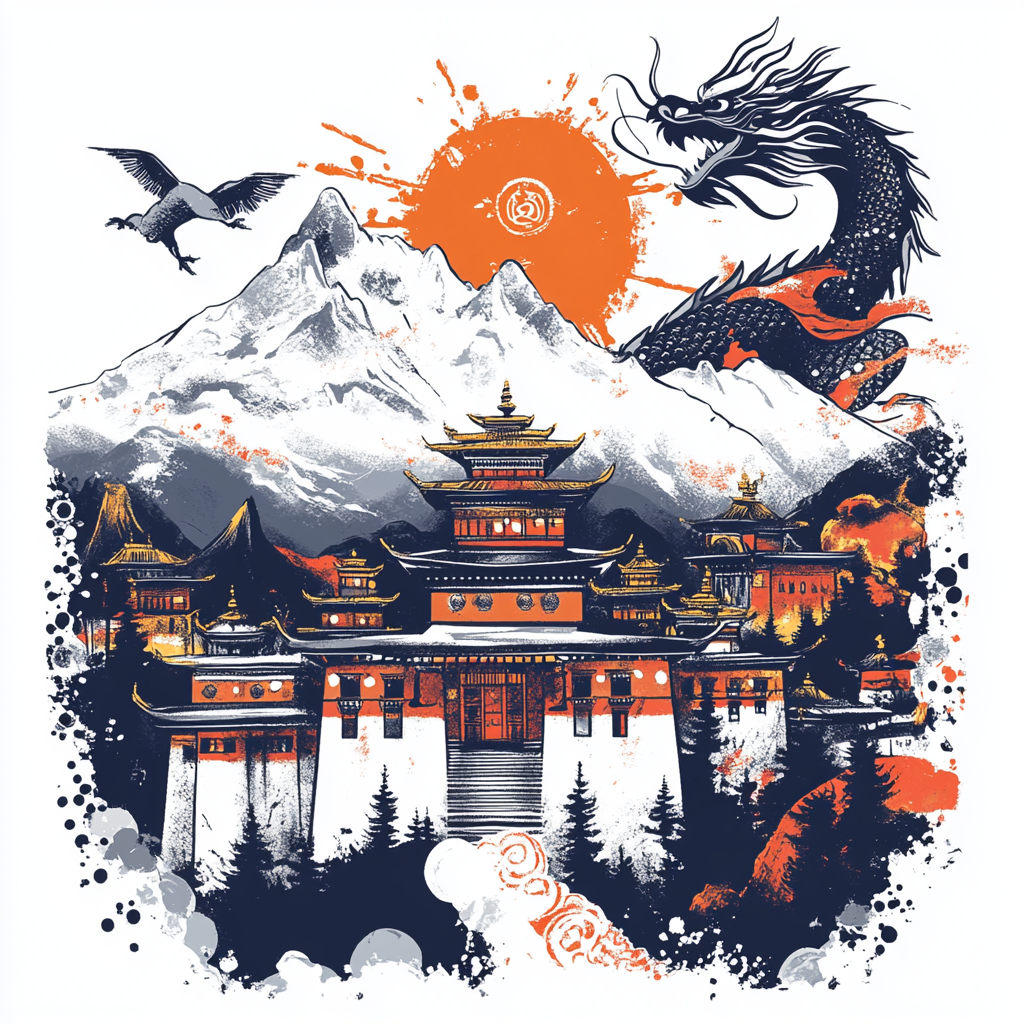 Bhutan T-Shirt Logo with Lucky Symbols and Dragon