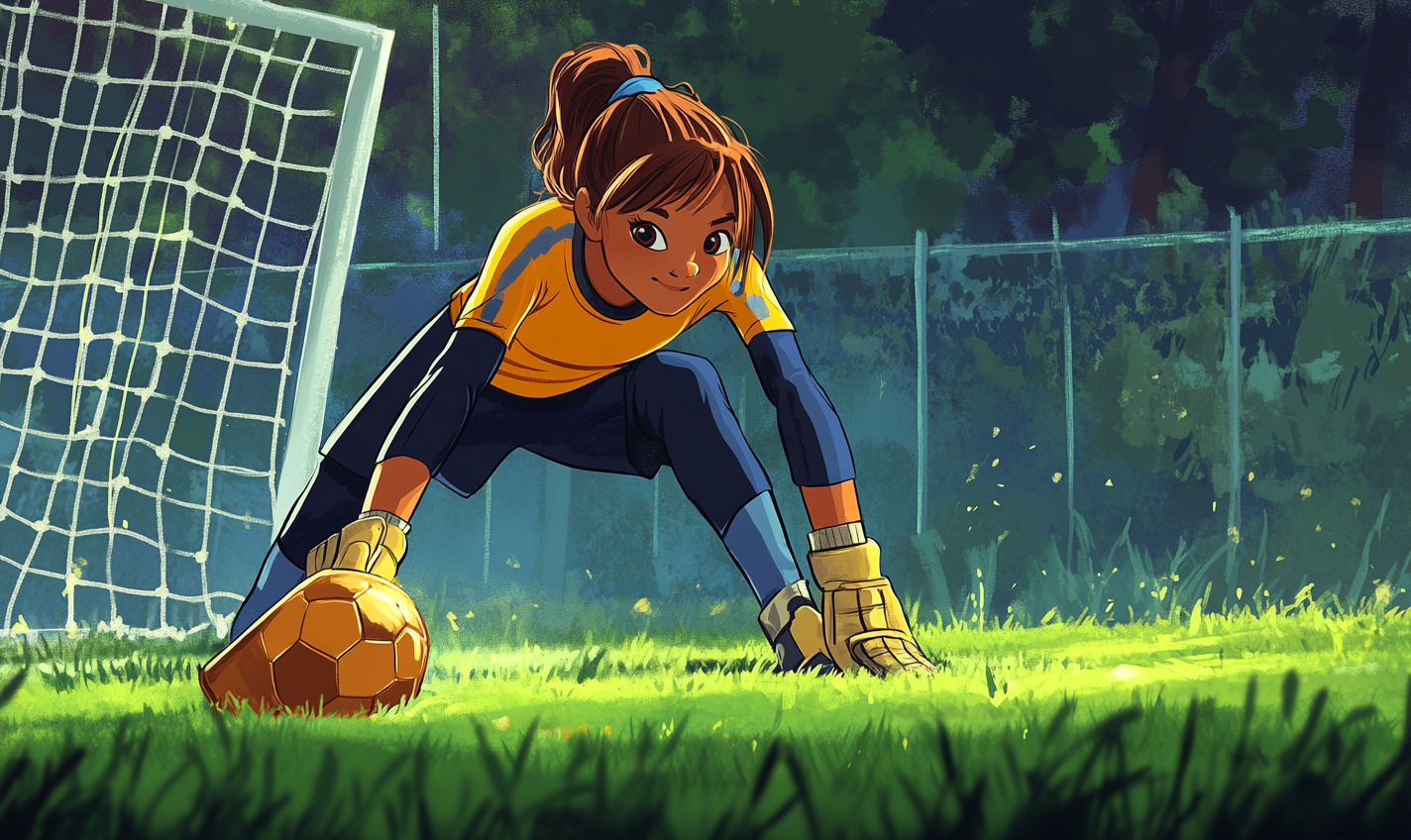 Bi-Racial Girl Guarding Soccer Goal Cartoon Art