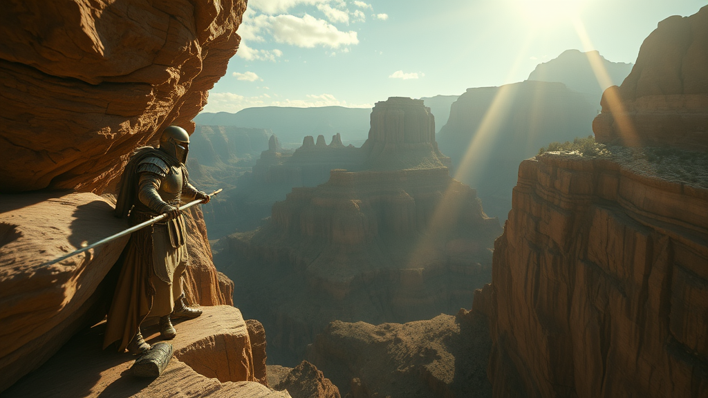 Bible Warrior Overlooks Canyon from High Cliff