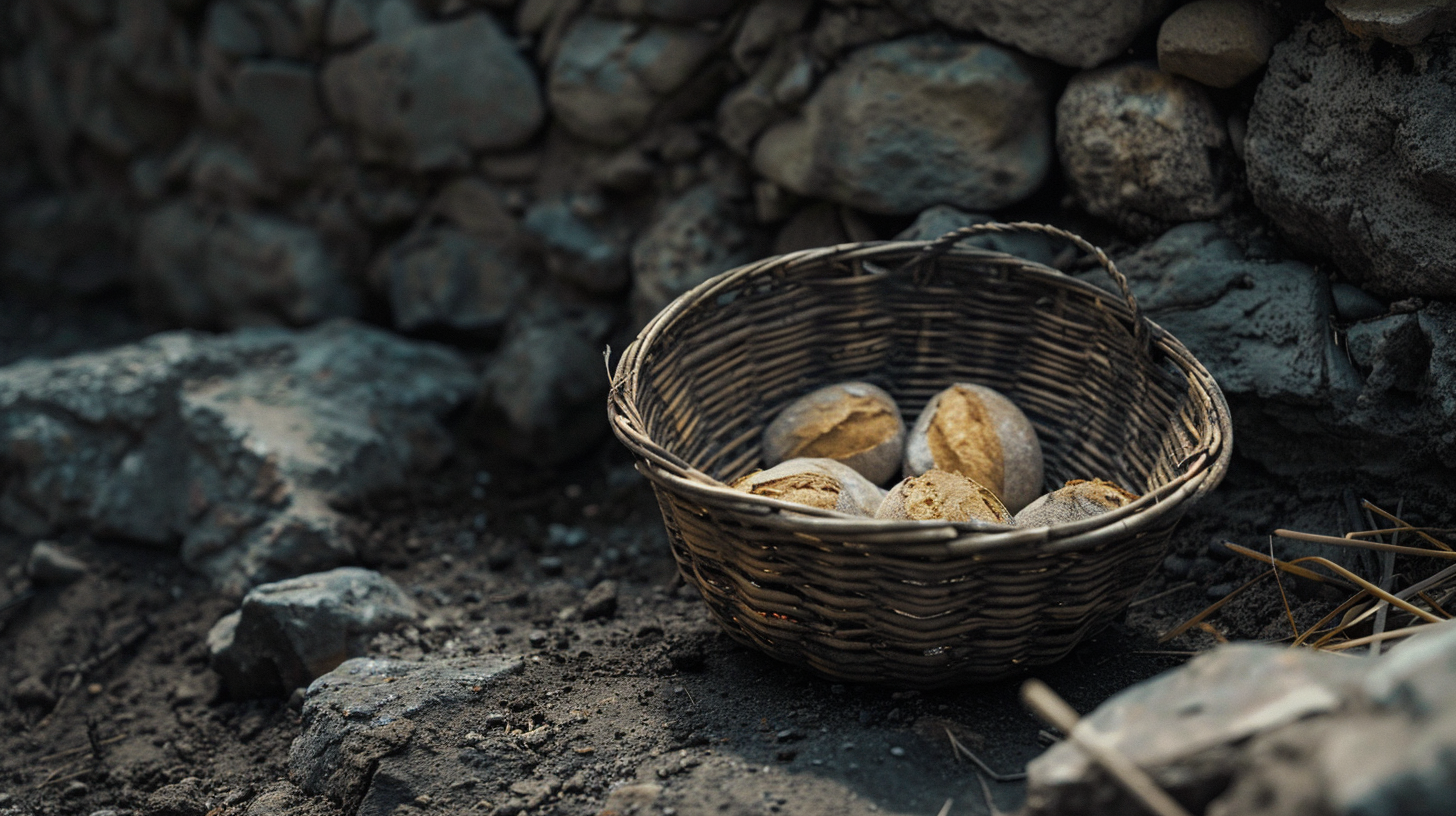 Biblical basket with fish and bread under cinematic lighting.