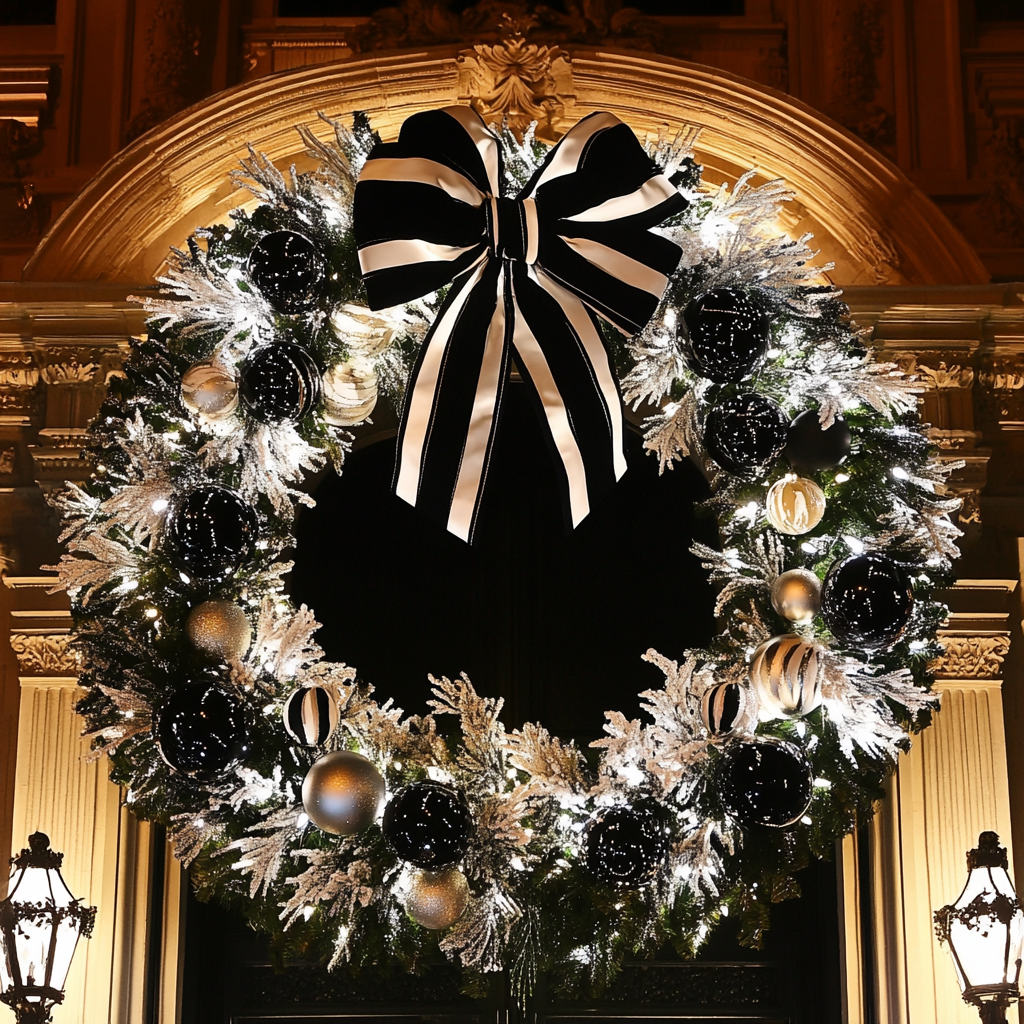 Big Christmas wreath with black and white decorations