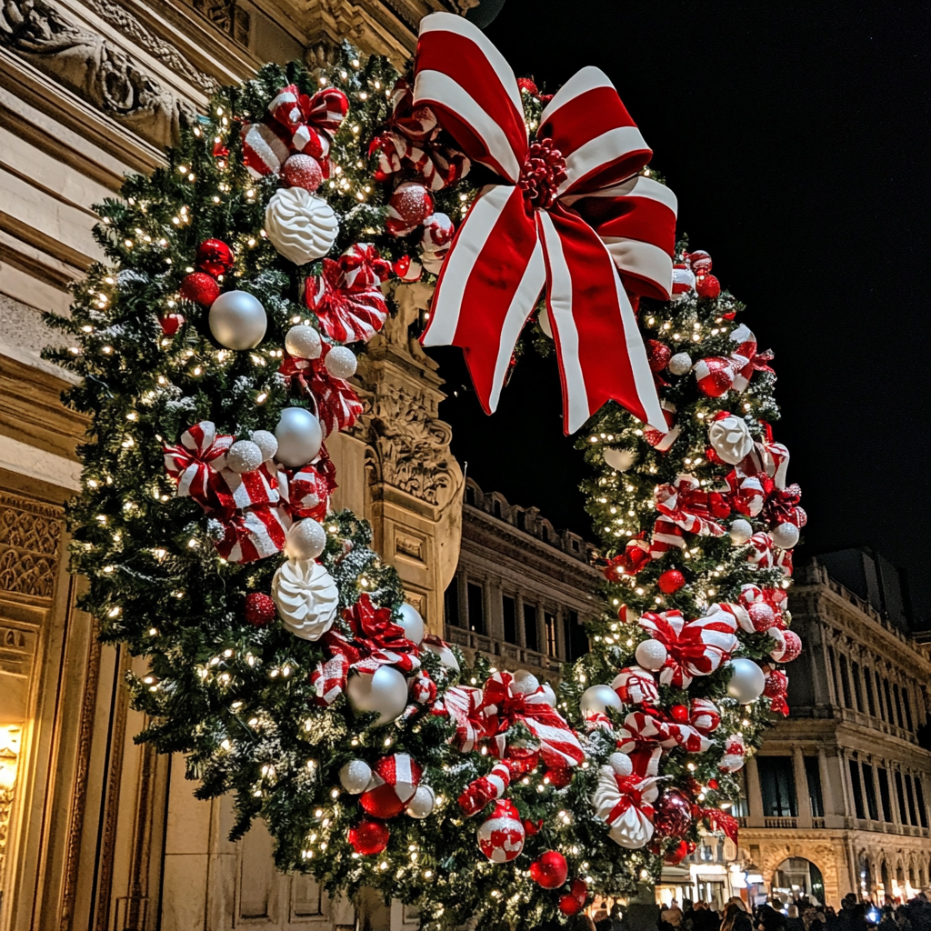 Big Christmas wreath with red white stripes