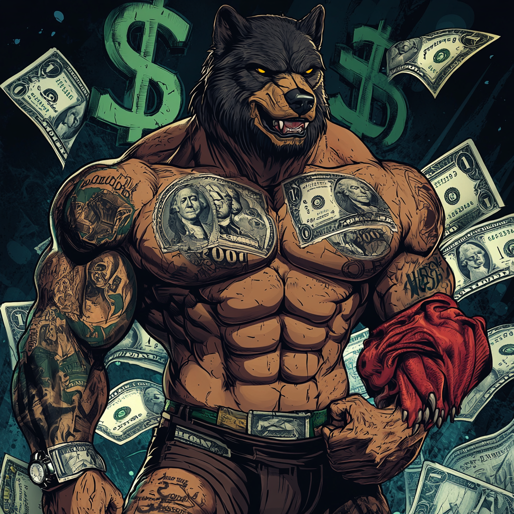 Big muscular wolf man with NYSE, Wall ST tattoos.