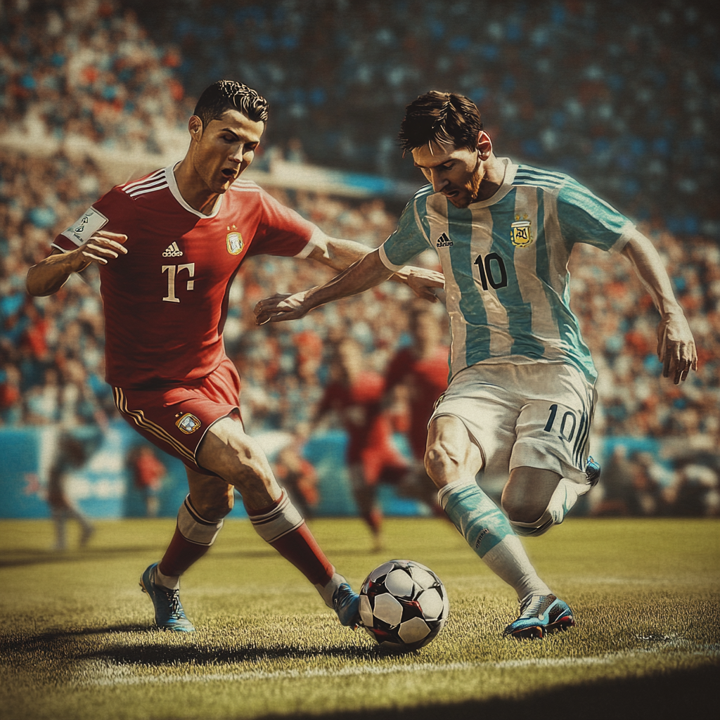 Big soccer game, World Cup excitement, Ronaldo vs. Messi.