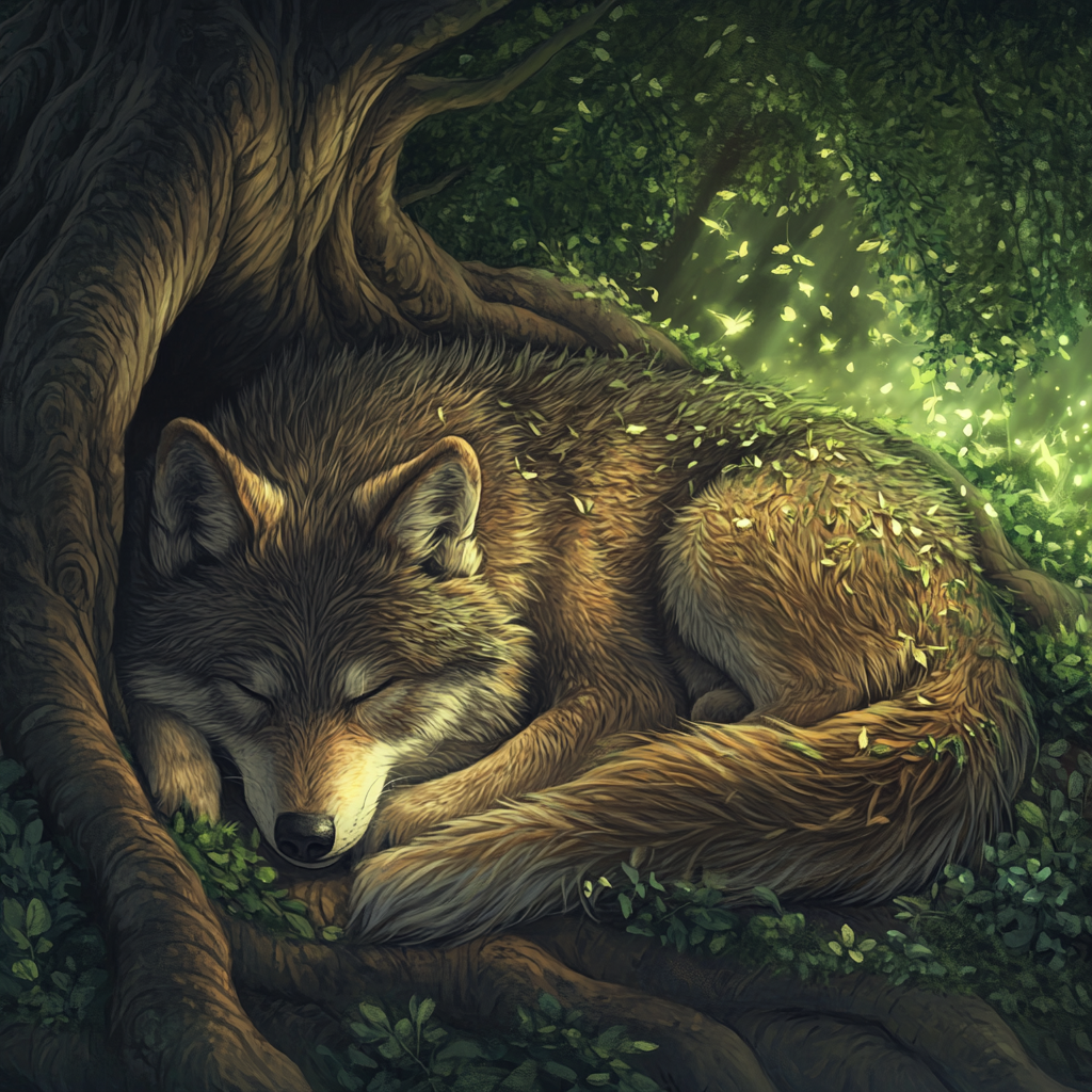 Big wolf sleeping under tree with bugs and leaves.