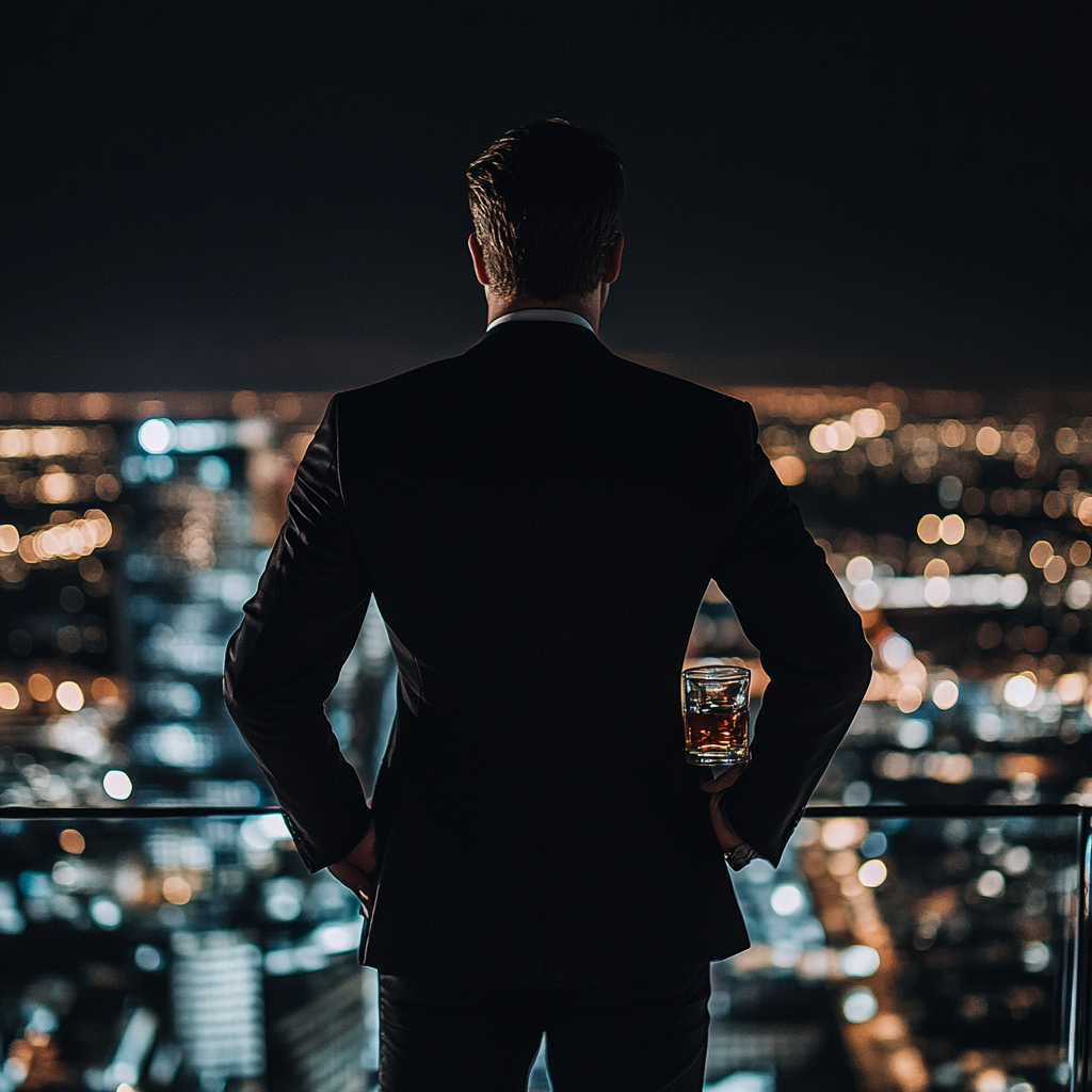 Billionaire CEO looks over city from skyscraper at night.