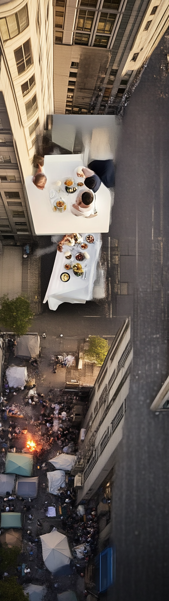 Billionaire couple dining on skyscraper terrace, city streets below.