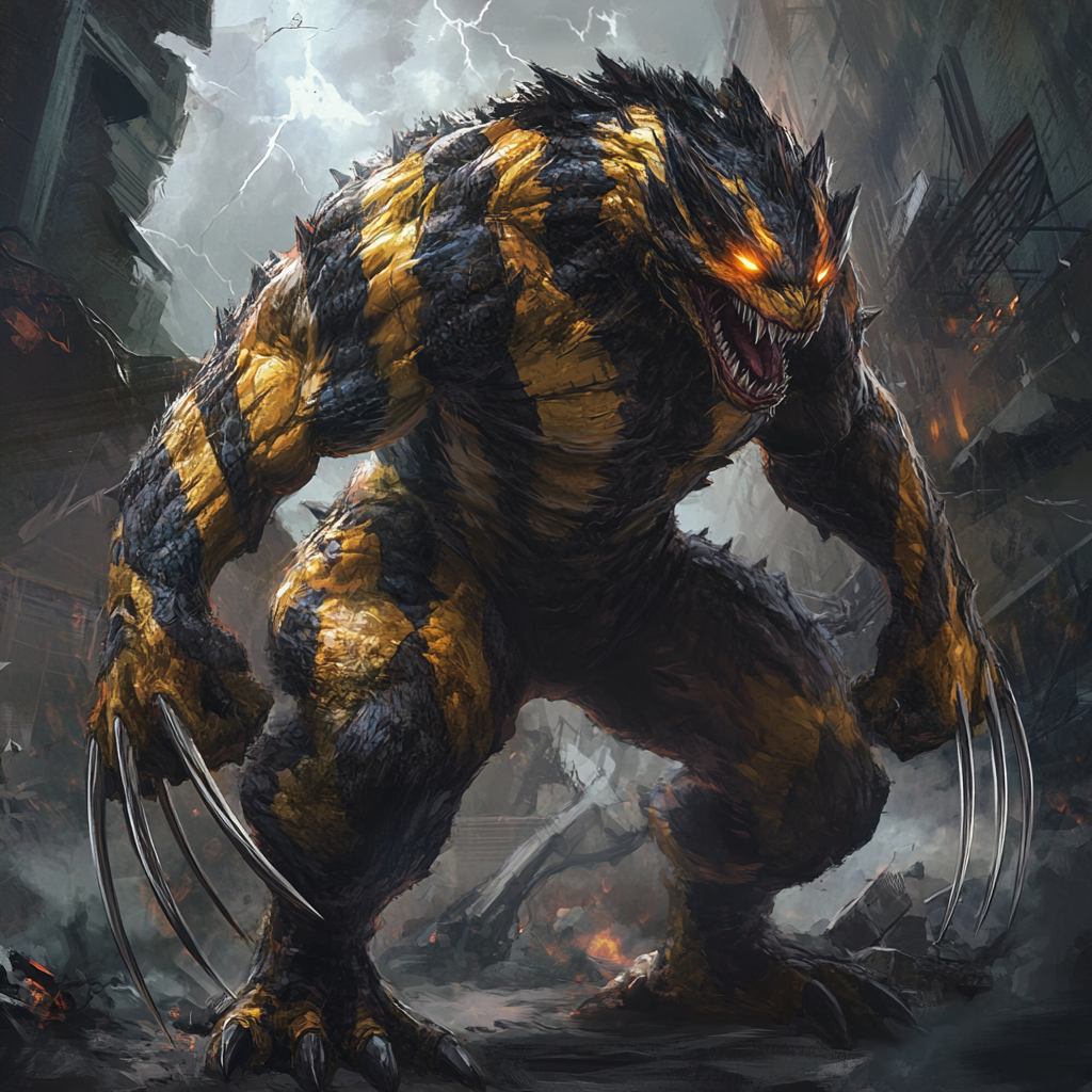 Bio-mutant hybrid creature with Wolverine and Godzilla features.